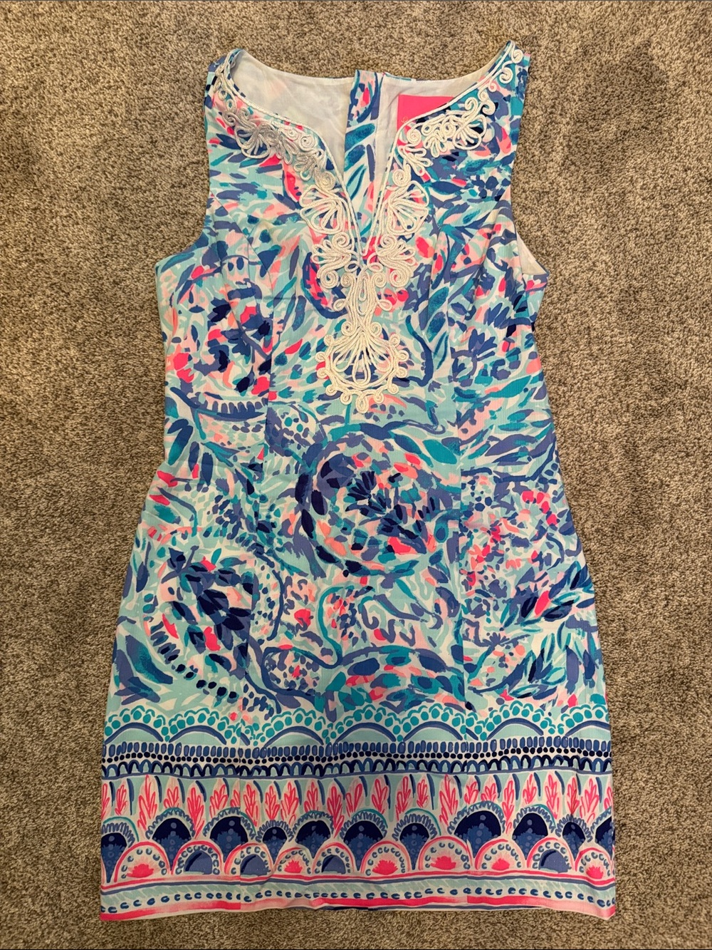 Sleeveless Floral Print Shift Dress with Embroidered V-Neck - Blue/Pink